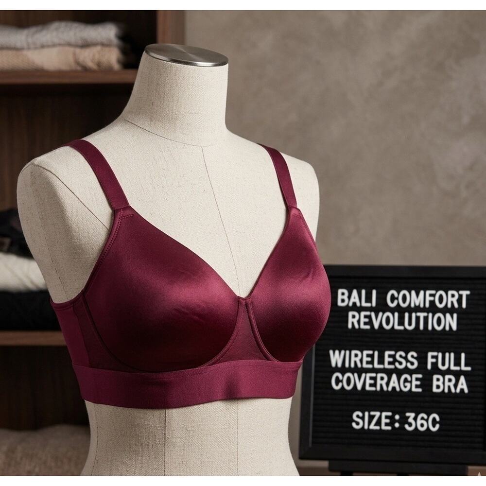 Bali Comfort Revolution Wireless Full Coverage Bra 36C Maroon Red Smoothing 3458